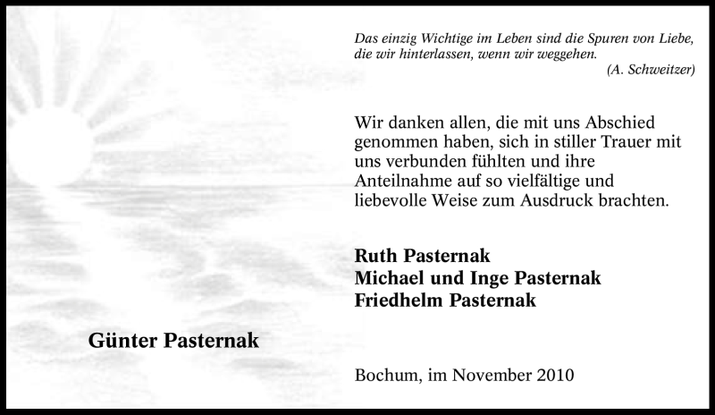 Traueranzeige für Günter Pasternak vom 13.11.2010 aus Tageszeitung