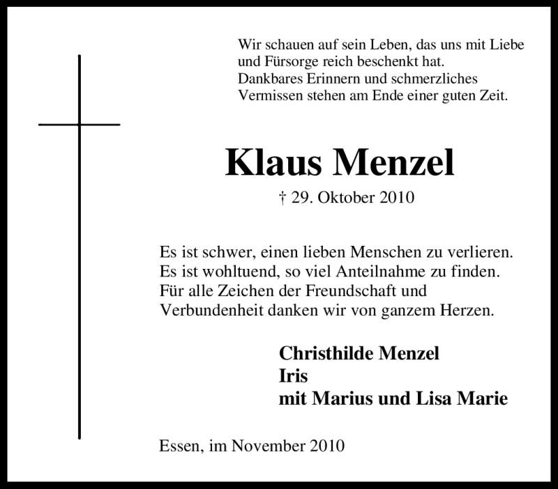  Traueranzeige für Klaus Menzel vom 20.11.2010 aus Tageszeitung