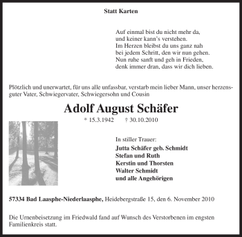 Traueranzeige von Adolf August Schäfer von Tageszeitung