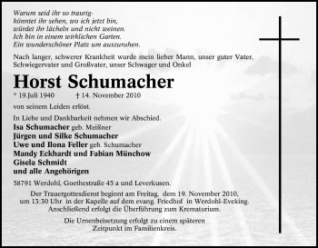 Traueranzeige von Horst Schumacher von Tageszeitung