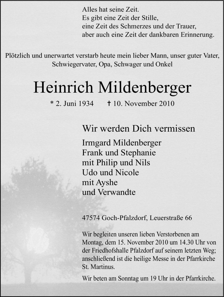 Traueranzeigen von Heinrich Mildenberger TrauerinNRW.de