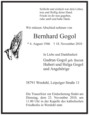 Traueranzeige von Bernhard Gogol von Tageszeitung