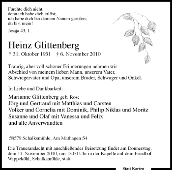 Traueranzeige von Heinz Glittenberg von Tageszeitung