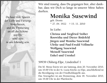 Traueranzeige von Monika Susewind von Tageszeitung