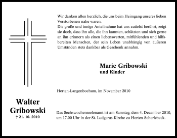 Traueranzeige von Walter Gribowski von Tageszeitung