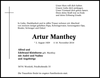 Traueranzeige von Artur Manthey von Tageszeitung