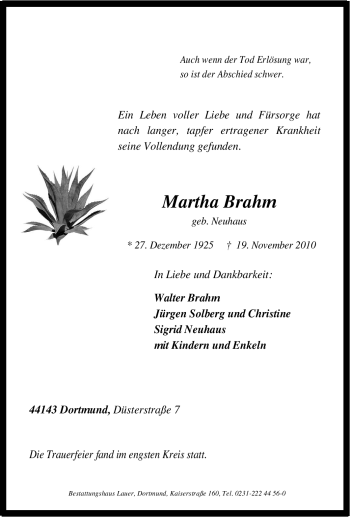 Traueranzeige von Martha Brahm von Tageszeitung