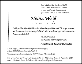 Traueranzeige von Heinz Weiß von Tageszeitung