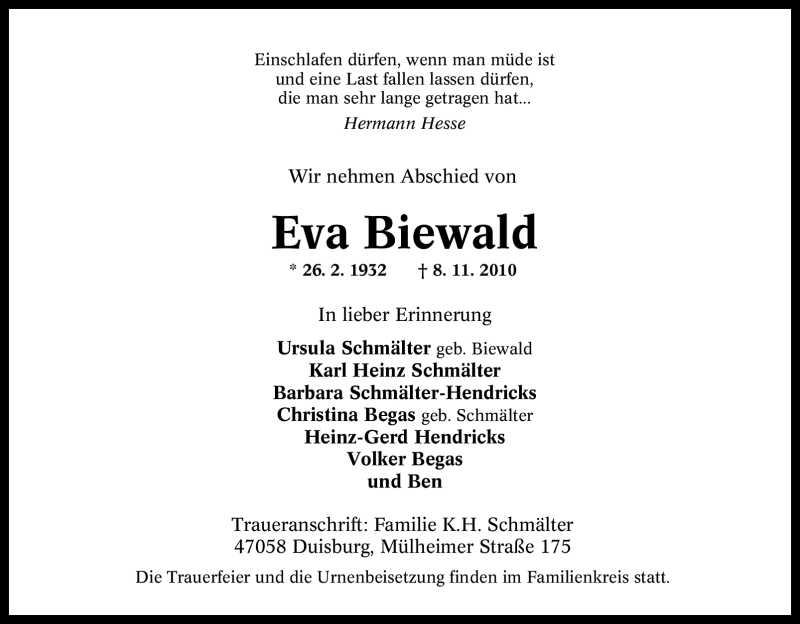  Traueranzeige für Eva Biewald vom 10.11.2010 aus Tageszeitung