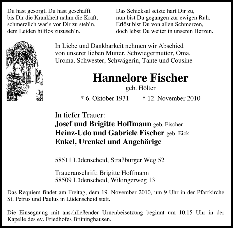  Traueranzeige für Hannelore Fischer vom 15.11.2010 aus Tageszeitung