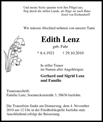Traueranzeige von Edith Lenz von Tageszeitung
