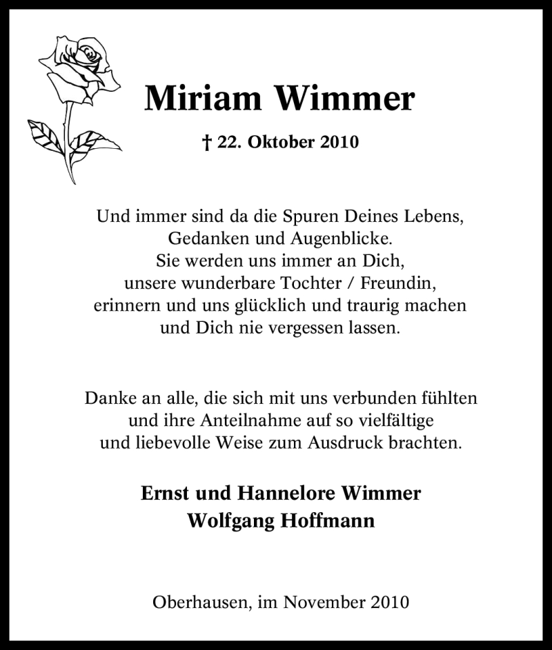  Traueranzeige für Miriam Wimmer vom 20.11.2010 aus Tageszeitung