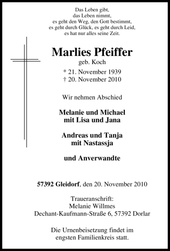 Traueranzeige von Marlies Pfeiffer von Tageszeitung
