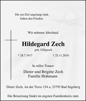 Traueranzeige von Hildegard Zech von Tageszeitung