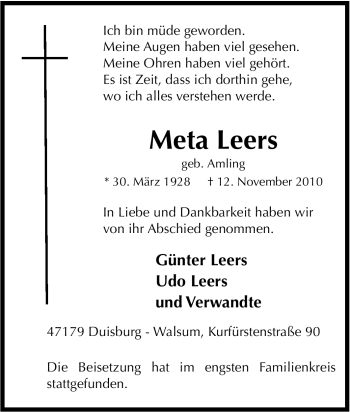 Traueranzeige von Meta Leers von Tageszeitung