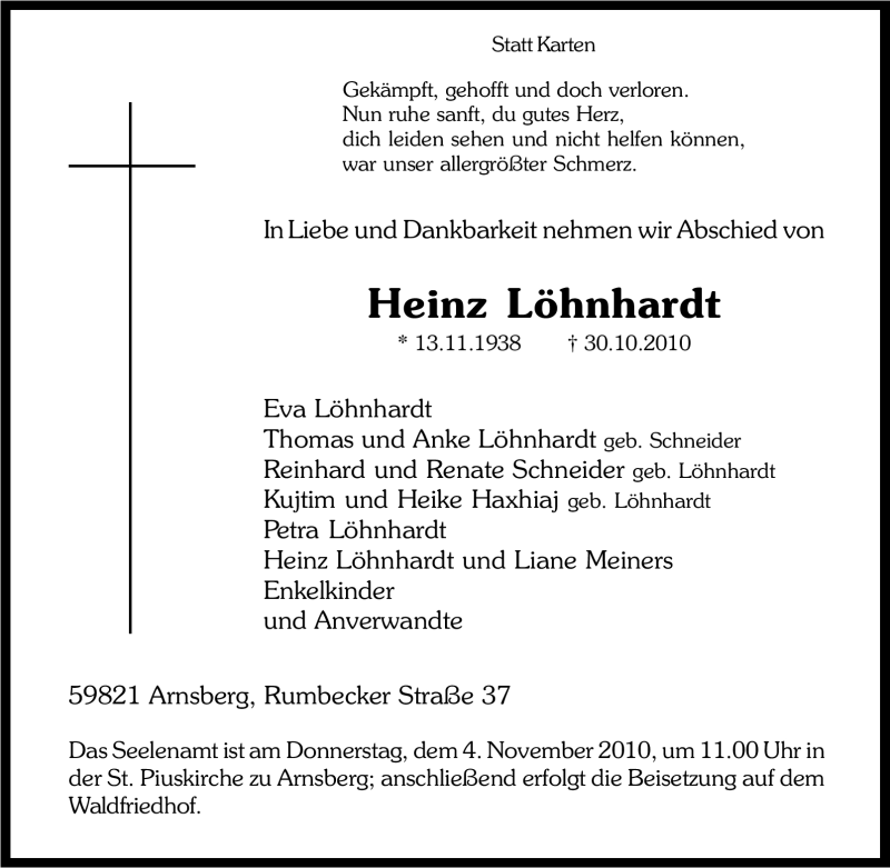 Traueranzeigen Von Heinz Löhnhardt Trauer In Nrwde 1572