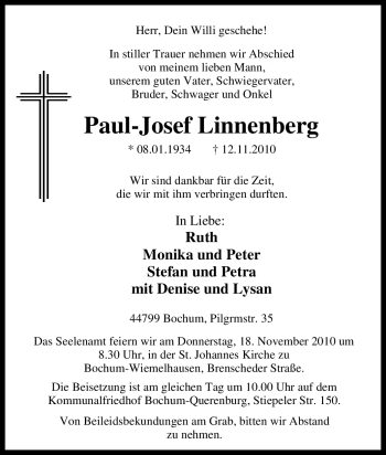Traueranzeige von Paul-Josef Linnenberg von Tageszeitung