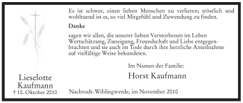 Traueranzeige von Lieselotte Kaufmann von Tageszeitung