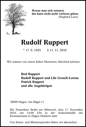 Traueranzeige von Rudolf Ruppert von Tageszeitung