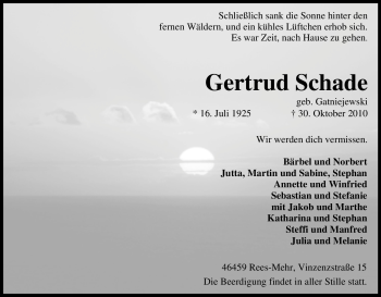 Traueranzeige von Gertrud Schade von Tageszeitung