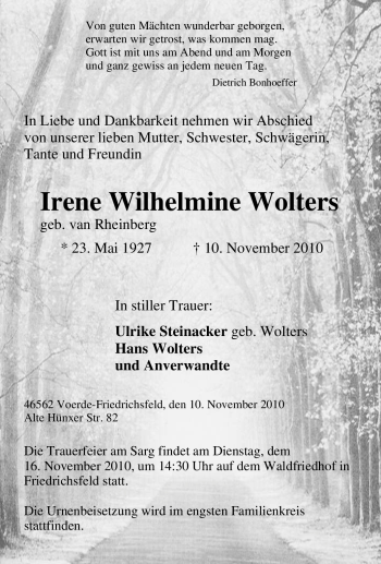 Traueranzeige von Irene Wilhelmine Wolters von Tageszeitung