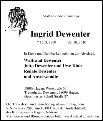 Traueranzeige von Ingrid Dewenter von Tageszeitung
