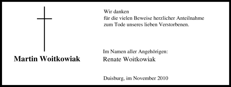  Traueranzeige für Martin Woitkowiak vom 20.11.2010 aus Tageszeitung