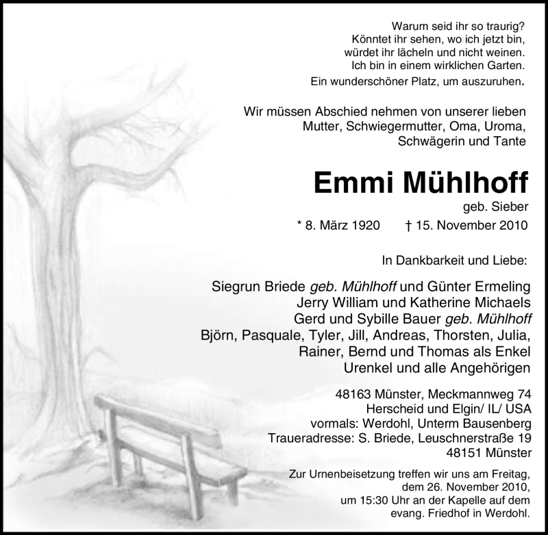  Traueranzeige für Emmi Mühlhoff vom 22.11.2010 aus Tageszeitung