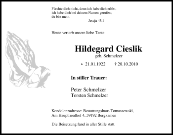 Traueranzeige von Hildegard Cieslik von Tageszeitung