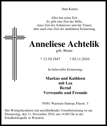 Traueranzeige von Anneliese Achtelik von Tageszeitung