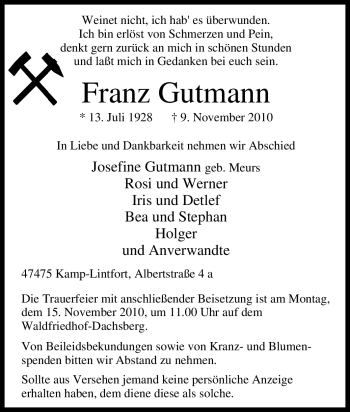 Traueranzeige von Franz Gutmann von Tageszeitung
