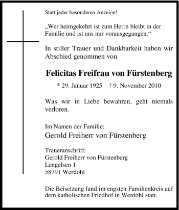 Traueranzeige von Felicitas von Fürstenberg von Tageszeitung