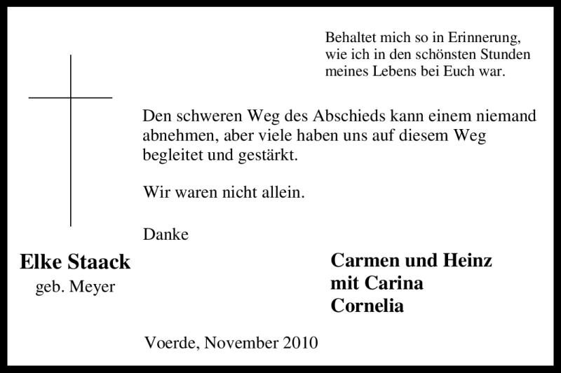  Traueranzeige für Elke Staack vom 18.11.2010 aus Tageszeitung