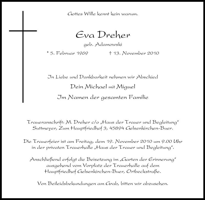  Traueranzeige für Eva Dreher vom 16.11.2010 aus Tageszeitung