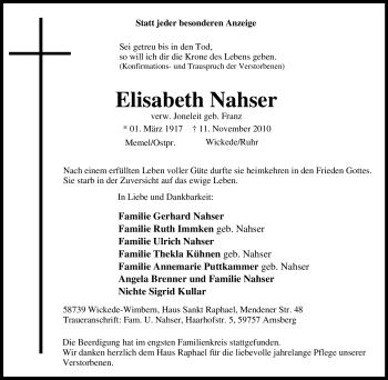 Traueranzeige von Elisabeth Nahser von Tageszeitung