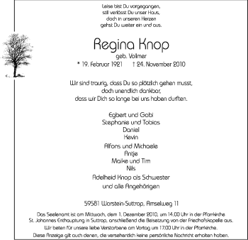 Traueranzeige von Regina Knop von Tageszeitung