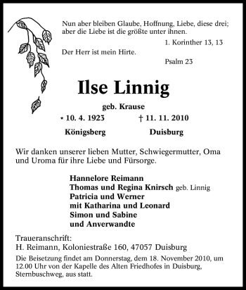Traueranzeige von Ilse Linnig von Tageszeitung