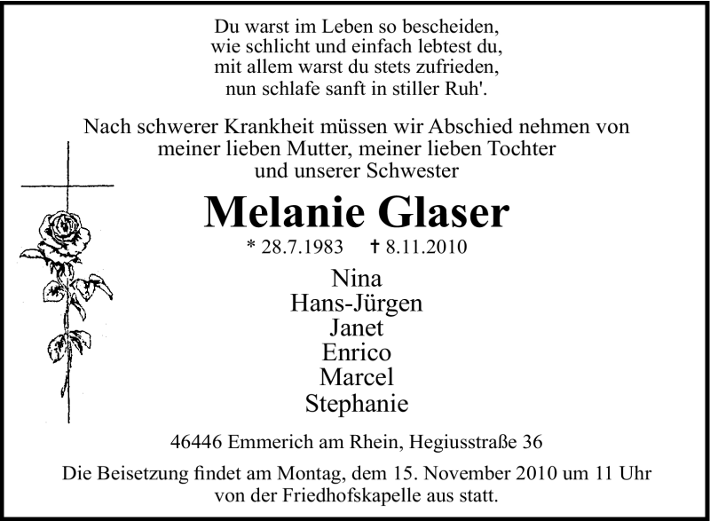  Traueranzeige für Melanie Glaser vom 13.11.2010 aus Tageszeitung