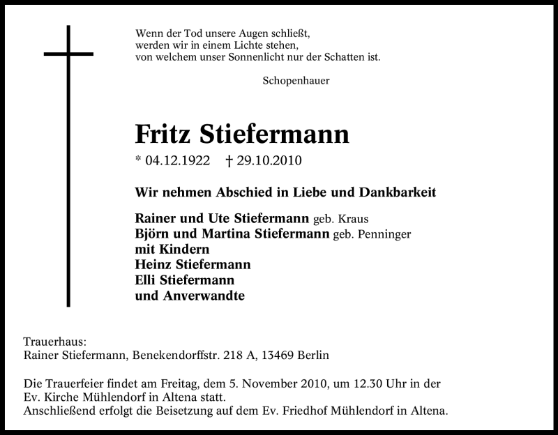  Traueranzeige für Fritz Stiefermann vom 02.11.2010 aus Tageszeitung