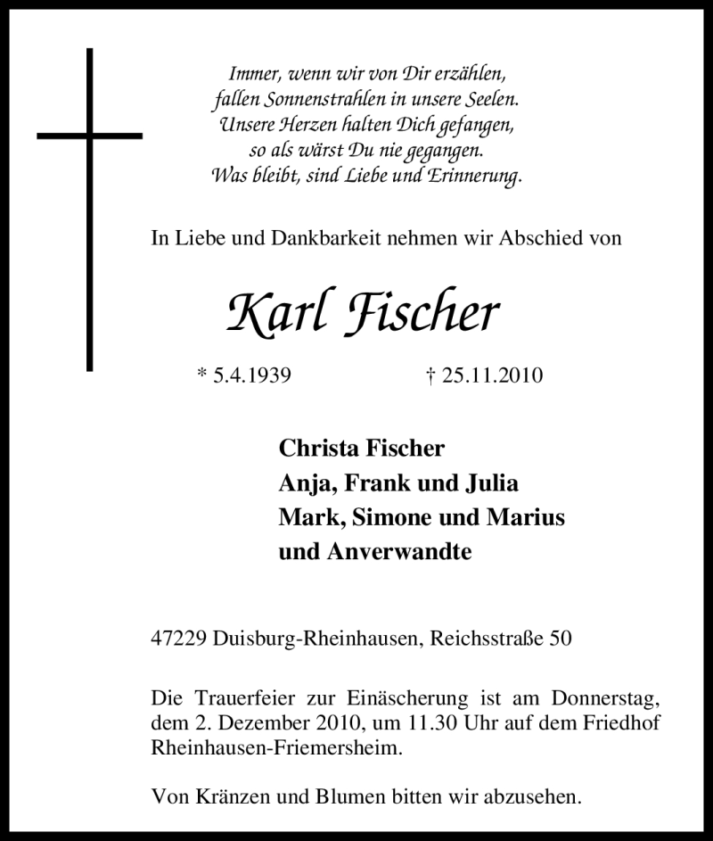  Traueranzeige für Karl Fischer vom 29.11.2010 aus WESTDEUTSCHE ALLGEMEINE ZEITUNG