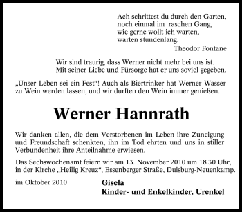 Traueranzeige von Werner Hannrath von Tageszeitung