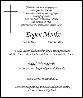 Traueranzeige von Eugen Menke von Tageszeitung