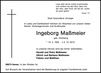 Traueranzeige von Ingeborg Maßmeier von Tageszeitung