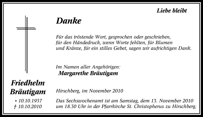  Traueranzeige für Friedhelm Bräutigam vom 06.11.2010 aus Tageszeitung