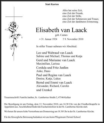 Traueranzeige von Elisabeth van Laack von Tageszeitung