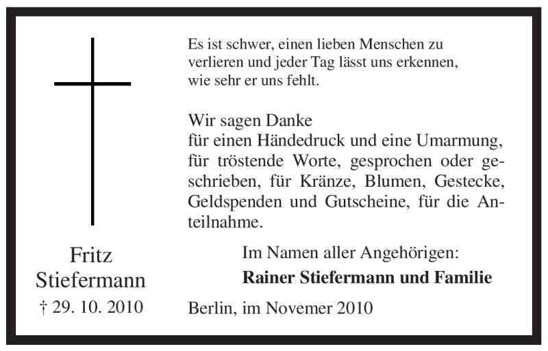  Traueranzeige für Fritz Stiefermann vom 16.11.2010 aus Tageszeitung