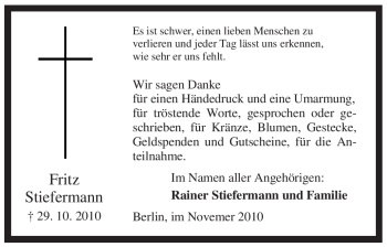 Traueranzeige von Fritz Stiefermann von Tageszeitung