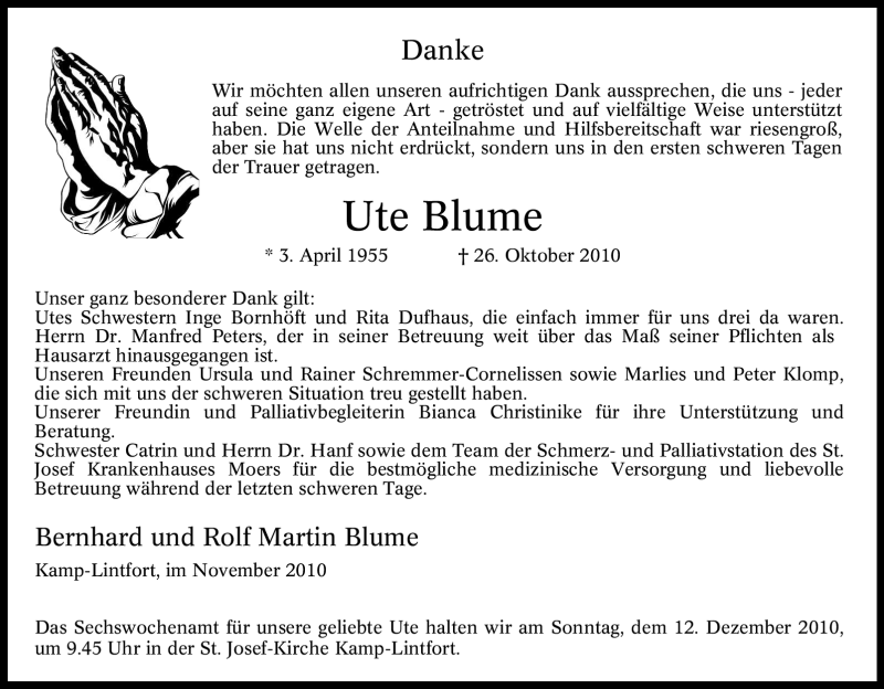  Traueranzeige für Ute Blume vom 27.11.2010 aus Tageszeitung