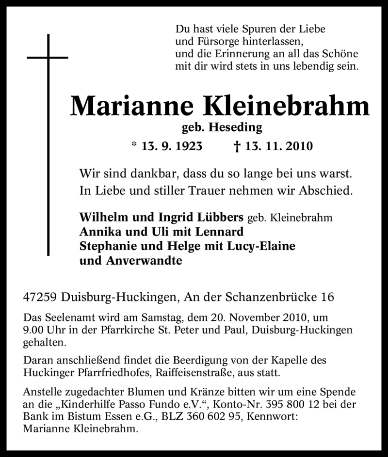  Traueranzeige für Marianne Kleinebrahm vom 16.11.2010 aus Tageszeitung