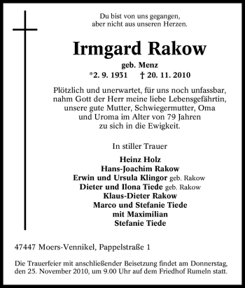 Traueranzeige von Irmgard Rakow von Tageszeitung